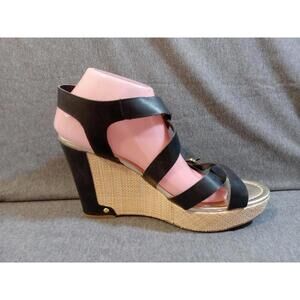 Liz Claiborne Wedge Sandals Heels Womens Size 11M Black Strappy Gold Buckle